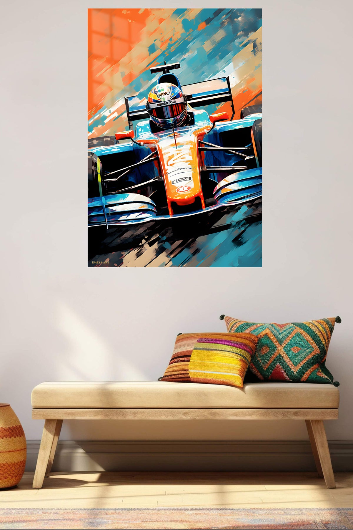 Formula Racer in Orange and Blue metal wall art displayed in a contemporary living space