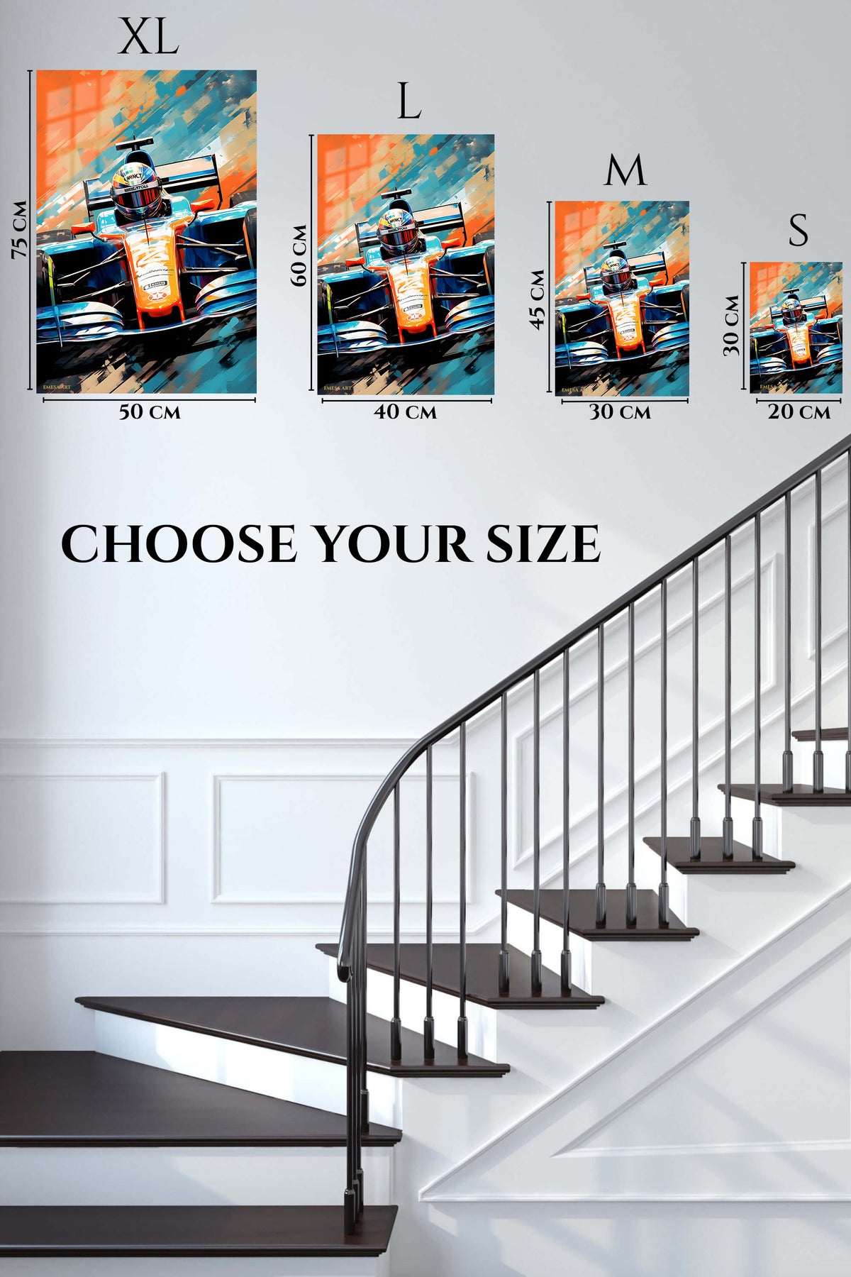 EMESA metal wall art size comparison guide for Formula Racer in Orange and Blue
