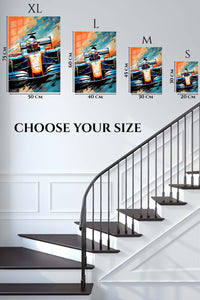 EMESA metal wall art size comparison guide for Formula Racer in Orange and Blue