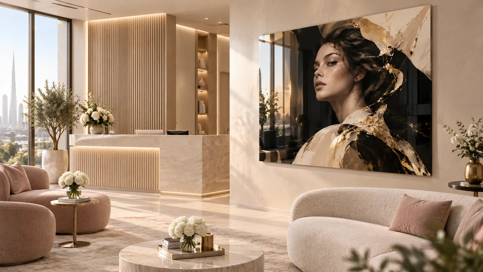 Reflective frameless metal art in a refined aesthetic clinic